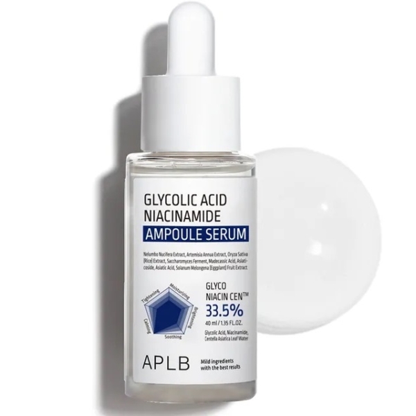 Un flacon compte-gouttes en verre transparent étiqueté "Aplb Sérum Ampoule à l'Acide Glycolique et à la Niacinamide Anti Imperfections 40 ml" se tient debout avec un bouchon compte-gouttes blanc, projetant une ombre ronde derrière lui. Dakar