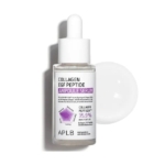 Un flacon compte-gouttes en verre transparent avec un bouchon blanc étiqueté "Aplb Sérum Ampoule Hydratante Anti Age Collagen EGF Peptide 40 ml", mettant en évidence un complexe de peptides de collagène à 35,9 % et d'autres ingrédients de soin de la peau. Dakar