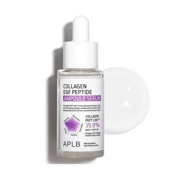 Un flacon compte-gouttes en verre transparent avec un bouchon blanc étiqueté "Aplb Sérum Ampoule Hydratante Anti Age Collagen EGF Peptide 40 ml", mettant en évidence un complexe de peptides de collagène à 35,9 % et d'autres ingrédients de soin de la peau. Dakar