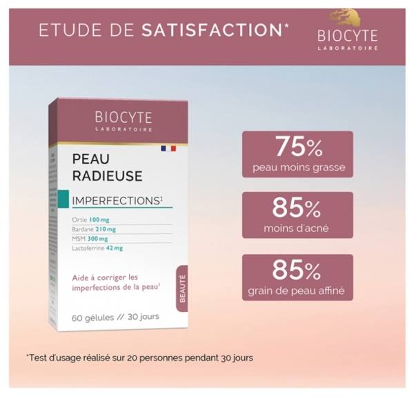 Une boîte de Biocyte Complément Alimentaire Anti Imperfections Peau Radieuse 60 Gélules est présentée en rose, mettant en avant les résultats de l'étude : 75% de peau grasse en moins, 85% d'acné en moins et 85% de grain de peau affiné après 30 jours. Dakar