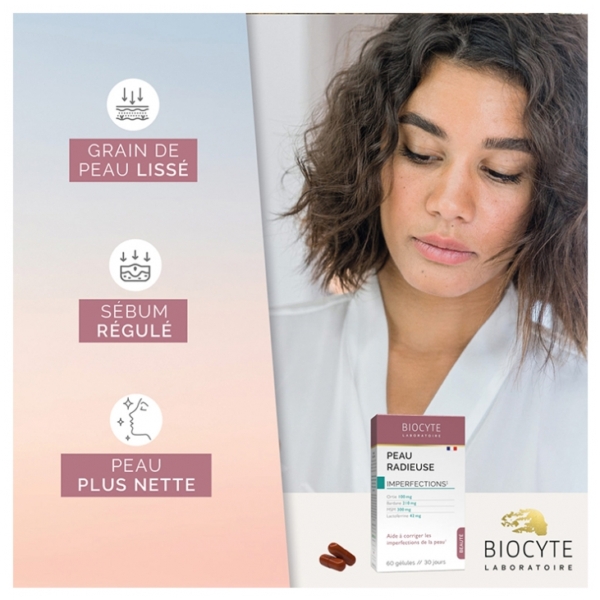 Une femme aux cheveux bouclés regarde vers le bas d'un air pensif. À gauche, des icônes et un texte en français énumèrent les bienfaits pour la peau. En bas, une boîte de Biocyte Complément Alimentaire Anti Imperfections Peau Radieuse 60 Gélules met en valeur ce complément de soin. Dakar