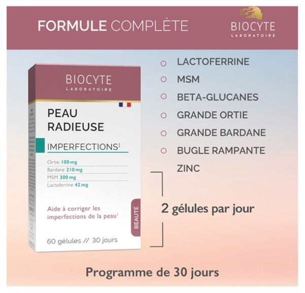 Une boîte de Biocyte Complément Alimentaire Anti Imperfections Peau Radieuse 60 Gélules est présentée avec les ingrédients, les instructions de dosage et les détails d'un programme de 30 jours (2 gélules par jour) pour aider à améliorer la santé de la peau. Dakar