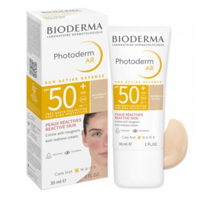 Tube et boîte de 30 ml de Bioderma Photoderm AR Crème Anti-Rougeurs SPF50+ pour les peaux réactives, avec anti-rougeurs et protection solaire. L'emballage est étiqueté en français et en anglais. Dakar