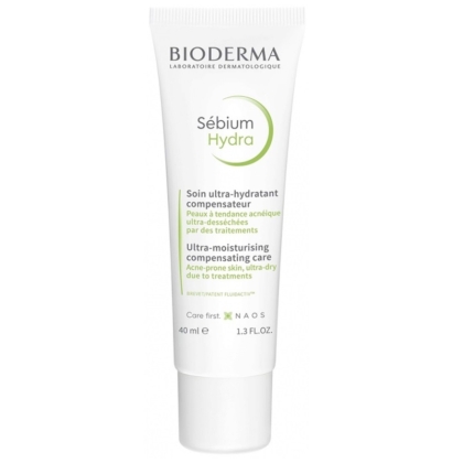 Tube blanc de Bioderma Sébium Hydra Soin Ultra Hydratant Compensateur 40 ml avec texte en anglais et en français, formulé pour les peaux ultra-sèches et acnéiques suite à des traitements. Dakar