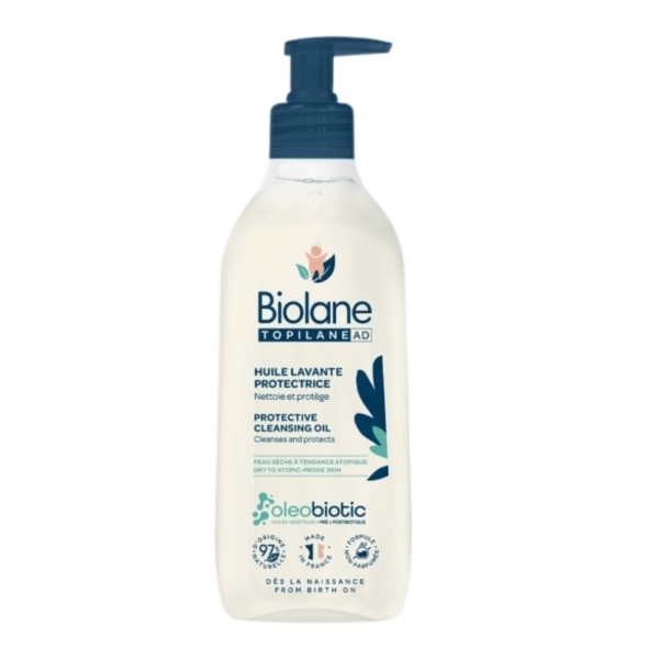 Le flacon pompe transparent de Biolane Topilane Ad Huile Lavante Protectrice 350ml comporte un texte français/anglais bleu et vert, une pompe bleue et une étiquette blanche avec les détails et les logos du produit. Dakar