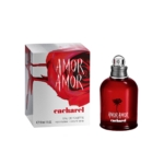 Un flacon rouge de Cacharel Amor Amor Eau de Toilette 30ml se trouve à côté de sa boîte, qui affiche une rose rouge et des lettres blanches en gras. Le flacon est doté d'un bouchon argenté, d'un motif de rose et de l'inscription "Amor Amor". Dakar