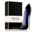 Le flacon de Carolina Herrera Good Girl 50ml Eau de Parfum pour Femme, dessiné comme une chaussure à talons hauts, se trouve à côté de son élégant coffret noir et or affichant le nom du produit. Dakar