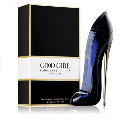 Le flacon de Carolina Herrera Good Girl 50ml Eau de Parfum pour Femme, dessiné comme une chaussure à talons hauts, se trouve à côté de son élégant coffret noir et or affichant le nom du produit. Dakar
