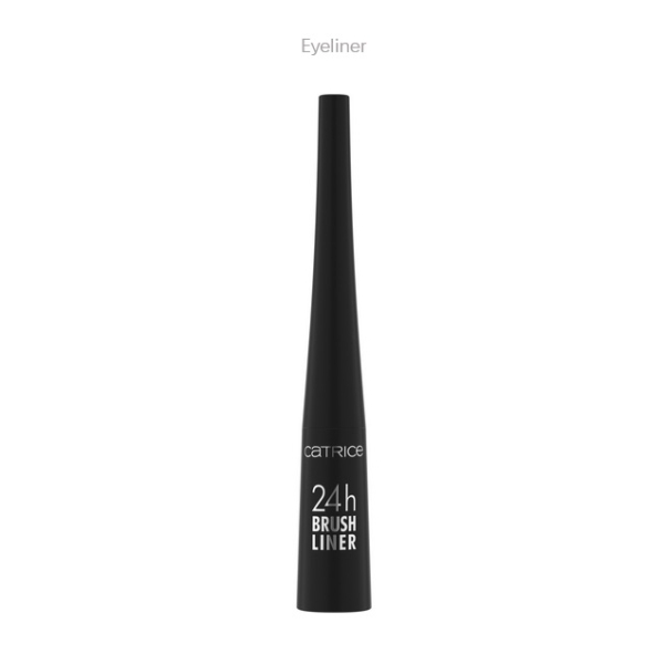 Un flacon noir de Catrice Eyeliner 24h Brush Liner Noir Longue Tenue 3 ml avec un long bouchon conique est présenté sur un fond blanc, avec "Eyeliner" écrit au-dessus. Dakar