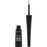Un tube noir de Catrice Eyeliner 24h Brush Liner Noir Longue Tenue 3 ml se tient debout avec le bouchon retiré, révélant un pinceau applicateur fin. L'étiquette est un texte blanc sur fond noir. Dakar