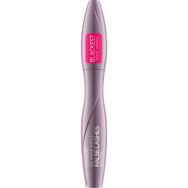 Le tube de 9,5 ml du Mascara Effet Faux Cils Glam&Doll False Lashes de Catrice en Blackest Black, avec un corps métallique lavande et une étiquette rose sur le capuchon, offre un look de cils dramatique. Dakar