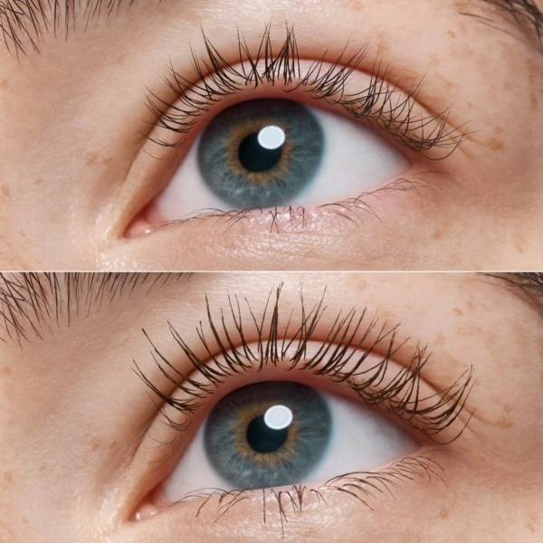 Deux photos en gros plan d'un œil bleu : en haut, les cils sont naturels, en bas, les cils sont relevés et recourbés après l'application du Mascara Catrice Waterproof Glam&Doll Volume Longue Tenue Brown 10 ml. Dakar