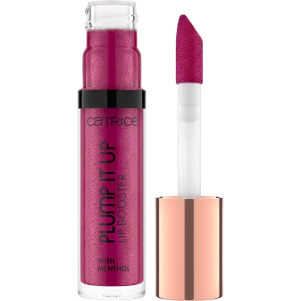 Un Catrice Plump It Up Lip Booster Gloss Effet Repulpant 3.05 ml ouvert est présenté, montrant son gloss rose chatoyant et son applicateur avec un capuchon or rose. Dakar