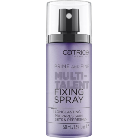 Un flacon violet de 50 ml de Catrice Spray Fixateur Maquillage Multifonction Prime And Fine Multitalent Fixing avec un bouchon noir ; l'étiquette met l'accent sur la tenue longue durée, la préparation de la peau, la fixation et le rafraîchissement du maquillage. Dakar