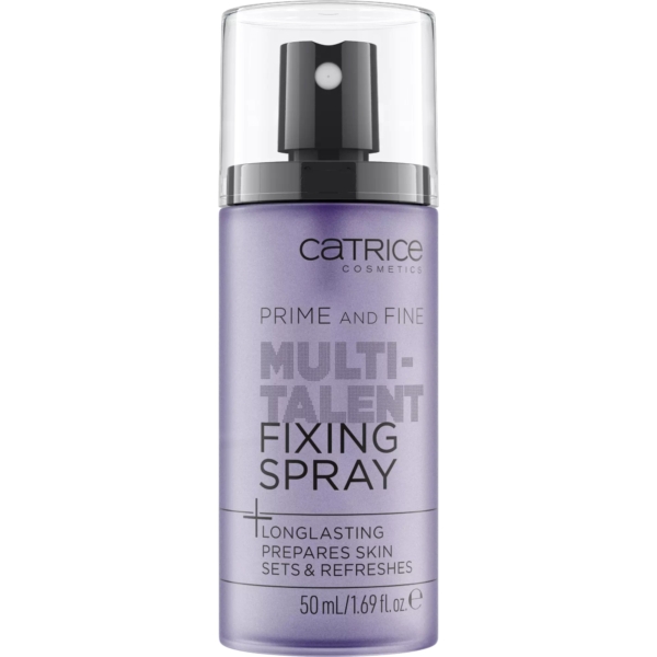 Un flacon violet de 50 ml de Catrice Spray Fixateur Maquillage Multifonction Prime And Fine Multitalent Fixing avec un bouchon noir ; l'étiquette met l'accent sur la tenue longue durée, la préparation de la peau, la fixation et le rafraîchissement du maquillage. Dakar