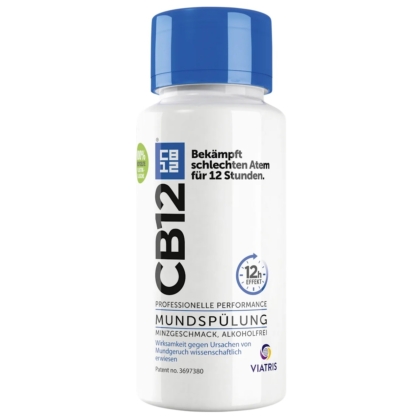 Un flacon blanc de CB12 Bain de Bouche Menthe contre Mauvaise Haleine 200 ml avec un bouchon bleu, étiqueté en allemand pour indiquer qu'il combat la mauvaise haleine pendant 12 heures. L'étiquette souligne son goût de menthe, sa formule sans alcool et son efficacité scientifique. Dakar