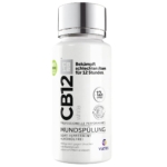 Un flacon blanc de CB12 Bain de Bouche White Effet Blanchissant 200 ml, rince-bouche sans alcool au goût de menthe poivrée, est muni d'un bouchon argenté et d'une étiquette allemande en noir et argent soulignant la protection contre la mauvaise haleine pendant 12 heures. Dakar
