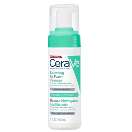 Un flacon de CeraVe Mousse Nettoyante Équilibrante sans Parfum, 148 ml, avec un distributeur à pompe et une étiquette blanche et verte, conçu pour les peaux normales à mixtes. Dakar