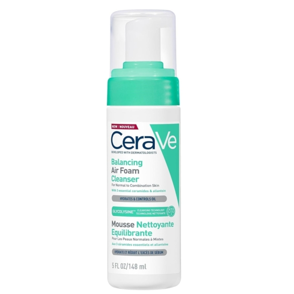 Un flacon de CeraVe Mousse Nettoyante Équilibrante sans Parfum, 148 ml, avec un distributeur à pompe et une étiquette blanche et verte, conçu pour les peaux normales à mixtes. Dakar