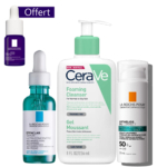 Le Trio de Soins Peau Grasse à Imperfections - Teint Irrégulier + Mela B3 OFFERT comprend un petit flacon violet La Roche-Posay "Offert", un flacon compte-gouttes bleu, un nettoyant moussant CeraVe et une crème solaire La Roche-Posay avec étiquette orange. Dakar
