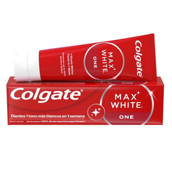 Une boîte et un tube rouge et blanc de Colgate Dentifrice Max White One 75 ml avec un texte en espagnol promettant des dents visiblement plus blanches en une semaine et l'élimination des taches superficielles. Dakar