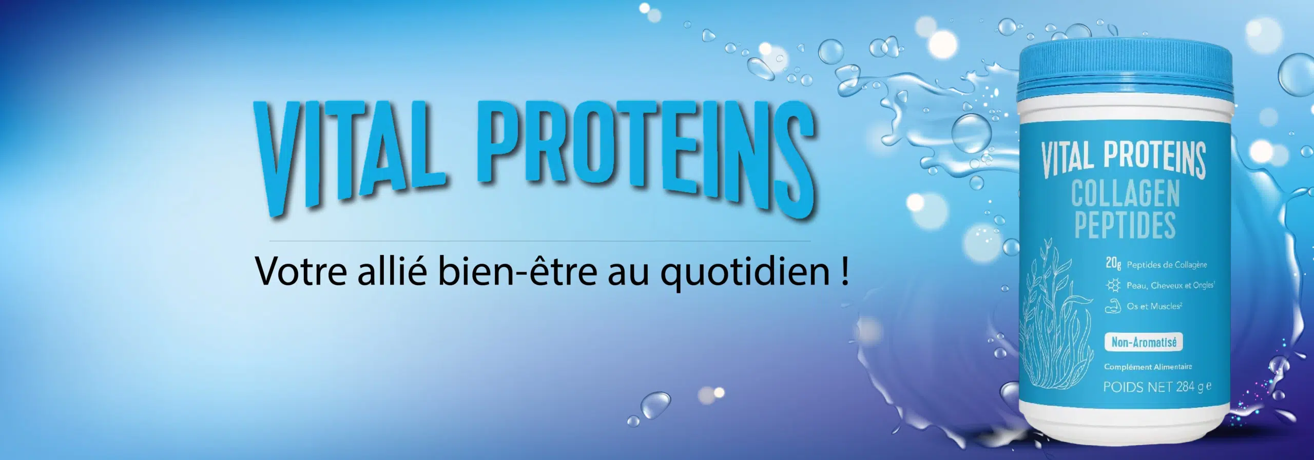 Un contenant de Vital Proteins Collagen Peptides est présenté sur un fond bleu, sur le thème de l'eau, avec le texte en français : "Votre allié bien-être au quotidien !" et les caractéristiques du produit Univers Cosmetix mises en évidence sur l'emballage. Dakar