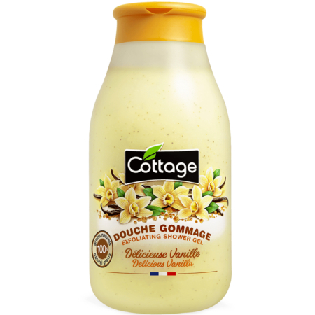 Cottage Douche Gommage Délicieuse Vanille 270 ml est un gel douche exfoliant de couleur crème, avec des fleurs et des gousses de vanille sur le flacon, accentué par des détails jaunes et un texte français élégant. Dakar