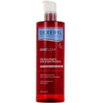 Un flacon rouge de Dexeryl Dexeclear Gel moussant Anti Imperfections sans Parfum Visage et Corps, 400 ml, pour les peaux grasses et sujettes à l'acné ; l'étiquette française met l'accent sur la désobstruction des pores et la réduction des points blancs. Dakar