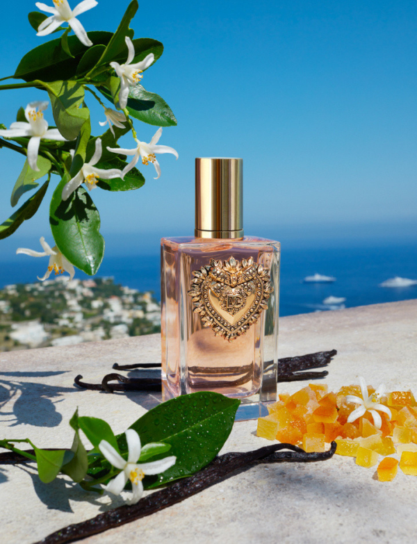 Un flacon de parfum à bouchon doré, orné d'un écusson en forme de cœur, est posé sur une surface en pierre, entouré de fleurs d'oranger, de gousses de vanille et de morceaux d'orange confite, avec une vue pittoresque de l'océan et des bateaux à l'arrière-plan. Dakar