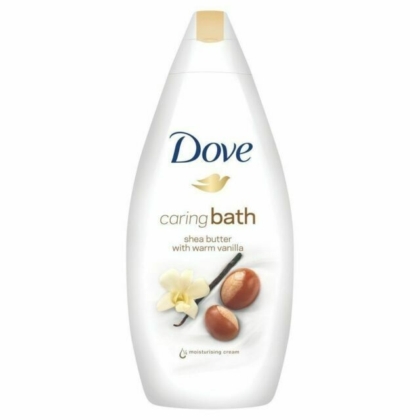 Bouteille blanche de 750 ml de Dove Douche Caring Bath Beurre de Karité et Vanille avec un bouchon doré, portant le logo Dove et des images de fleurs de vanille et de noix de karité sur l'étiquette. Dakar