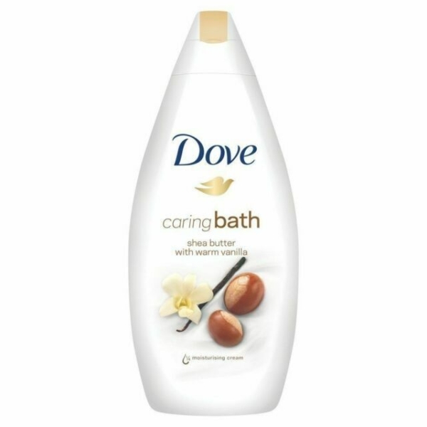 Bouteille blanche de 750 ml de Dove Douche Caring Bath Beurre de Karité et Vanille avec un bouchon doré, portant le logo Dove et des images de fleurs de vanille et de noix de karité sur l'étiquette. Dakar