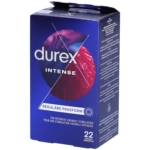 Une boîte de Durex Intense Préservatifs Spéciaux en latex, surface nervurée et picotée, contenant 22 préservatifs pour stimulation intense, avec un design bleu et violet affichant le logo Durex et le nom du produit. Dakar