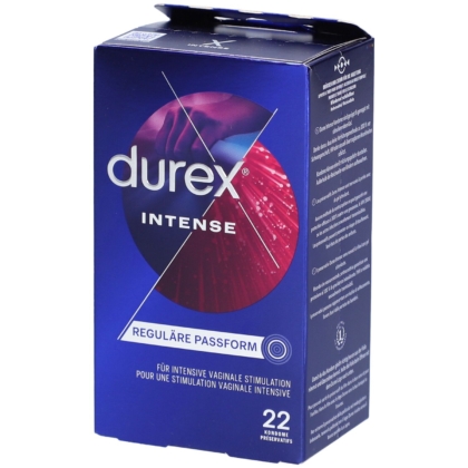Une boîte de Durex Intense Préservatifs Spéciaux en latex, surface nervurée et picotée, contenant 22 préservatifs pour stimulation intense, avec un design bleu et violet affichant le logo Durex et le nom du produit. Dakar