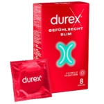 Une boîte rouge de Durex Préservatifs Slim Minces pour une Sensation Intense Boite 8 est représentée avec, à côté, un paquet de préservatifs rouges emballés individuellement. La boîte contient 8 préservatifs et le texte est en français. Dakar