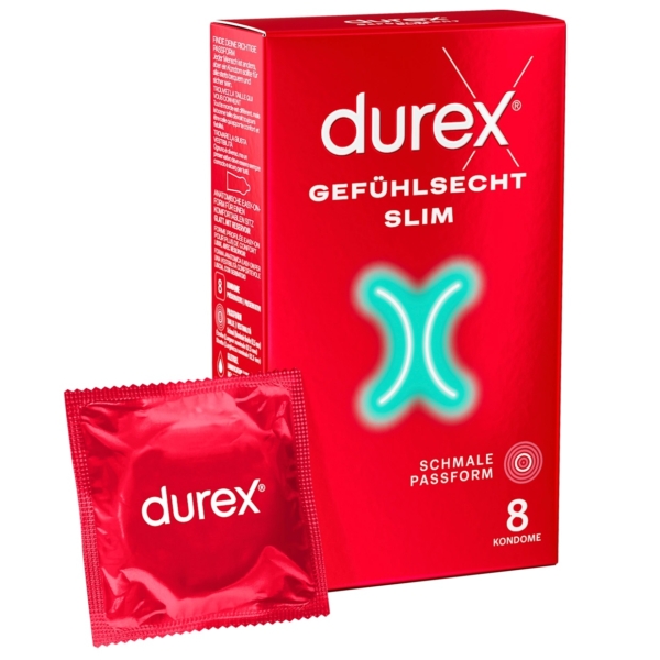 Une boîte rouge de Durex Préservatifs Slim Minces pour une Sensation Intense Boite 8 est représentée avec, à côté, un paquet de préservatifs rouges emballés individuellement. La boîte contient 8 préservatifs et le texte est en français. Dakar