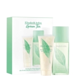 Le coffret Elizabeth Arden Green Tea 100ml Eau de Parfum pour Femme comprend une crème pour le corps et une eau de parfum, toutes deux dans un emballage vert clair orné de feuilles et joliment présentées devant le coffret assorti. Dakar