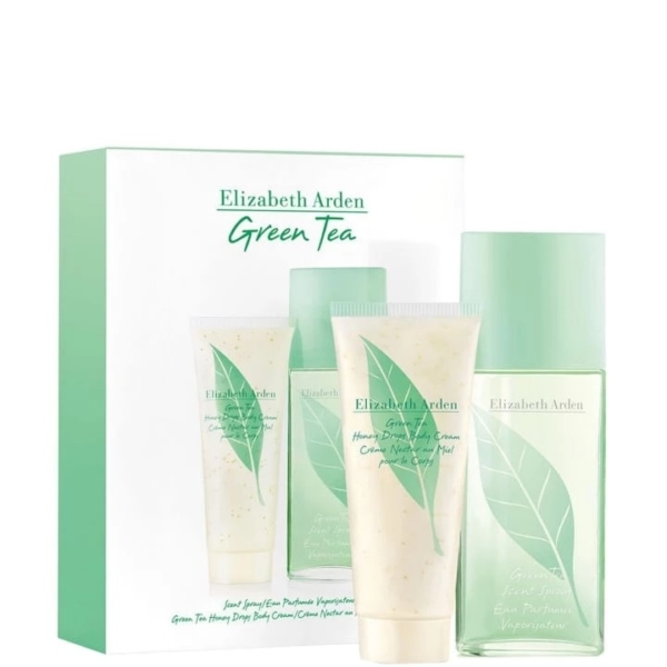 Le coffret Elizabeth Arden Green Tea 100ml Eau de Parfum pour Femme comprend une crème pour le corps et une eau de parfum, toutes deux dans un emballage vert clair orné de feuilles et joliment présentées devant le coffret assorti. Dakar