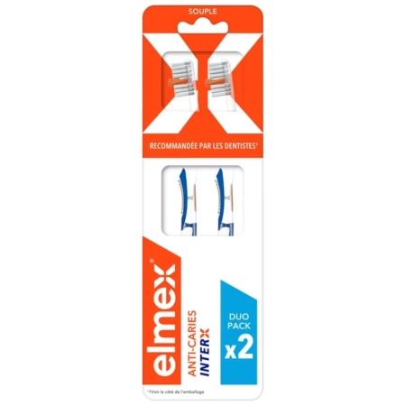 Emballage pour Elmex Anti Caries InterX Brosse à Dents Souple Duo Pack Souple/Weich, montrant deux têtes de brosse à dents en haut et le nom du produit avec la marque en orange, blanc et bleu. Dakar