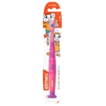 La brosse à dents Elmex Brosse à Dents Enfants 2 à 6 ans (1 pièce) est une brosse à dents pour enfants de couleur rose avec des souris de dessins animés, des accents orange et blancs et la mention "KINDER-ZAHNBÜRSTE" sur l'emballage. Dakar