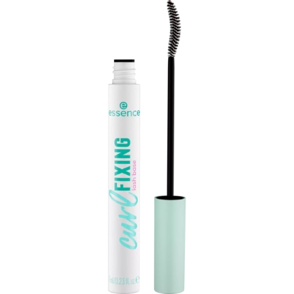 Un tube de 7 ml d'Essence Base de Mascara Fixatrice de Boucles Cils se tient debout avec son bouchon vert menthe enlevé, montrant la baguette de mascara noire incurvée avec des poils. Dakar