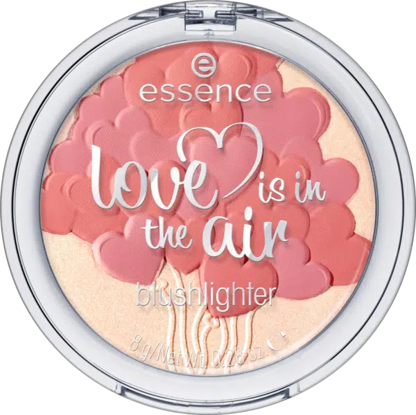 Essence Blush Fini Mat Love Is In The Air 10 Dream Up 8g : compact rond contenant un blush rose et pêche en forme de cime d'arbre et un highlighter doré. Texte sur le couvercle : "love is in the air blushlighter. Dakar
