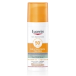 Un flacon de 50 ml d'Eucerin Sun Protection Oil Control SPF50+ Gel Crème Teintée Médium, avec une étiquette orange et blanche affichant les détails du produit en anglais et en français. Dakar