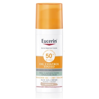Un flacon de 50 ml d'Eucerin Sun Protection Oil Control SPF50+ Gel Crème Teintée Médium, avec une étiquette orange et blanche affichant les détails du produit en anglais et en français. Dakar