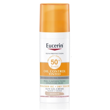 Un flacon de 50 ml d'Eucerin Sun Protection Oil Control SPF50+ Gel Crème Teintée Médium, avec une étiquette orange et blanche affichant les détails du produit en anglais et en français. Dakar