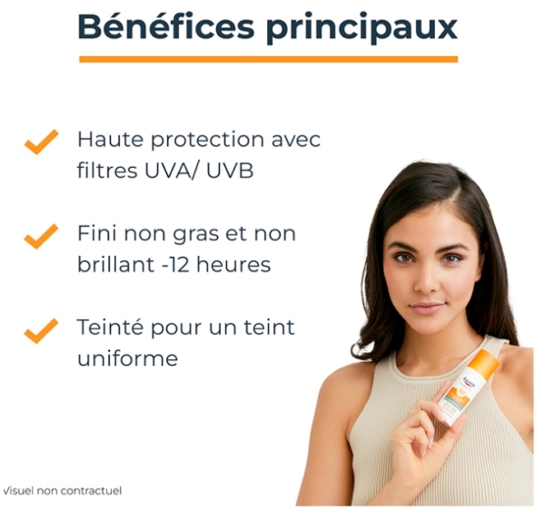Une femme tient Eucerin Sun Protection Oil Control SPF50+ Gel Crème Teintée Médium 50 ml. Le texte français souligne sa haute protection UVA/UVB, son fini mat et non gras pendant 12 heures, et sa formule teintée pour un teint uniforme. Dakar