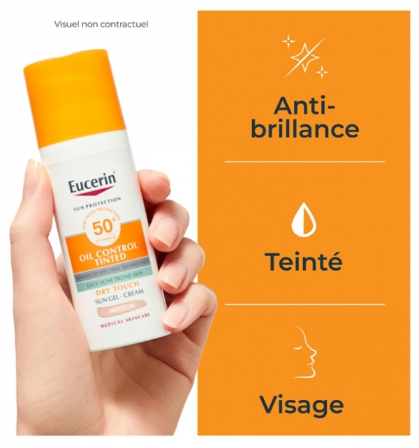 Une main tient Eucerin Sun Protection Oil Control SPF50+ Gel Crème Teintée Médium 50 ml sur un fond blanc. Des panneaux orange à côté de la main affichent : "Anti-brillance", "Teintée" et "Visage" avec les icônes correspondantes. Dakar