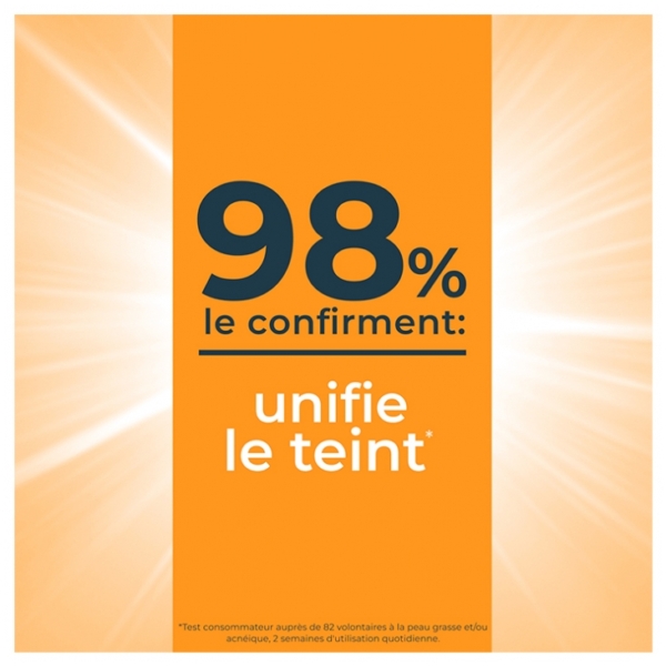 Un fond orange avec un effet de lumière rayonnante. Le texte français centré se lit comme suit : "98% le confirment : unifie le teint". En dessous, un petit texte indique les résultats d'un test consommateur sur Eucerin Sun Protection Oil Control SPF50+ Gel Crème Teintée Médium 50 ml. Dakar