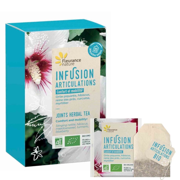 Une boîte de Fleurance Nature Infusion Articulations Bio 20 infusettes avec un sachet de thé présenté devant. L'emballage floral met l'accent sur le confort et la mobilité, ce qui le rend idéal pour soutenir la santé des articulations. Dakar
