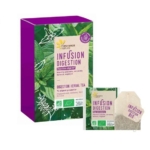 Une boîte de Fleurance Nature Infusion Digestion Bio Pour Bien Digérer de 20 infusettes avec un emballage en feuilles vertes est présentée, accompagnée d'un sachet de thé et d'un sachet. Le texte met l'accent sur sa formule biologique favorisant une bonne digestion. Dakar