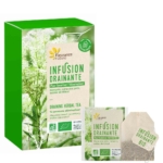 Une boîte verte de Fleurance Nature Infusion Drainante Amincissante Bio 20 Infusettes avec des images de plantes est présentée, accompagnée d'un sachet de thé et d'un sachet de marque avec des textes en français et en anglais. Dakar